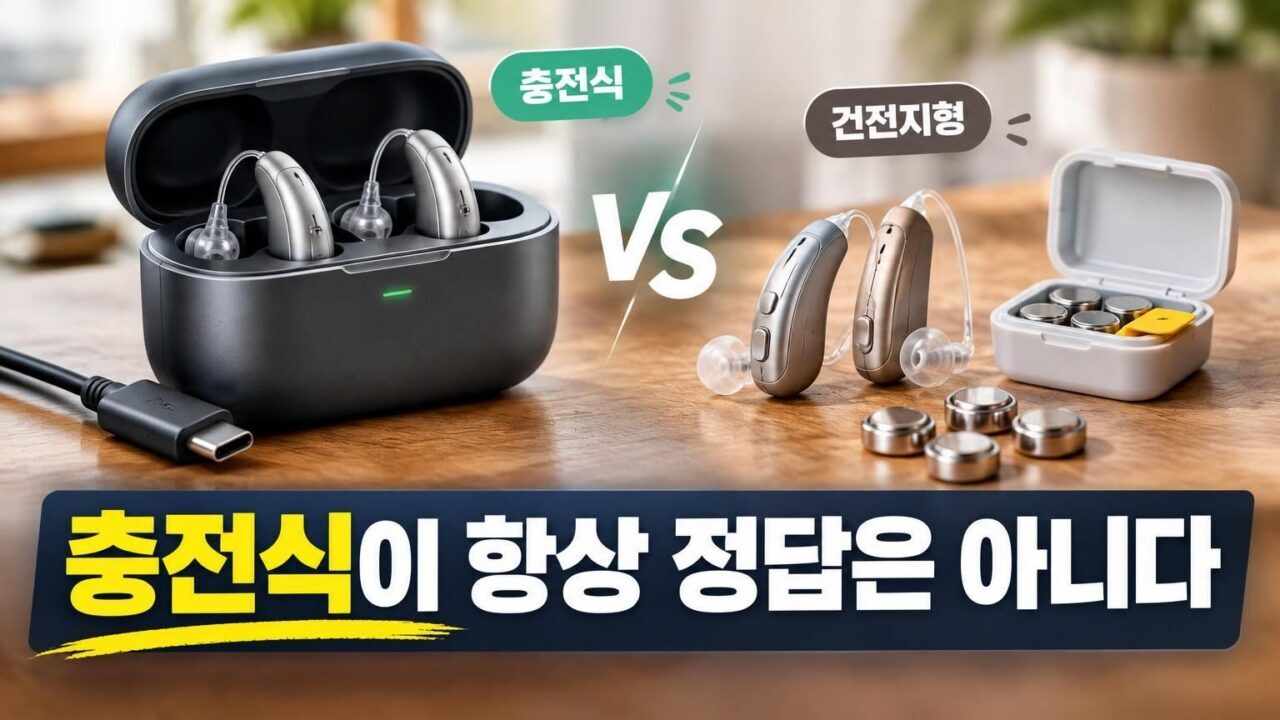 보청기 배터리와 충전식 보청기를 비교하는 모습