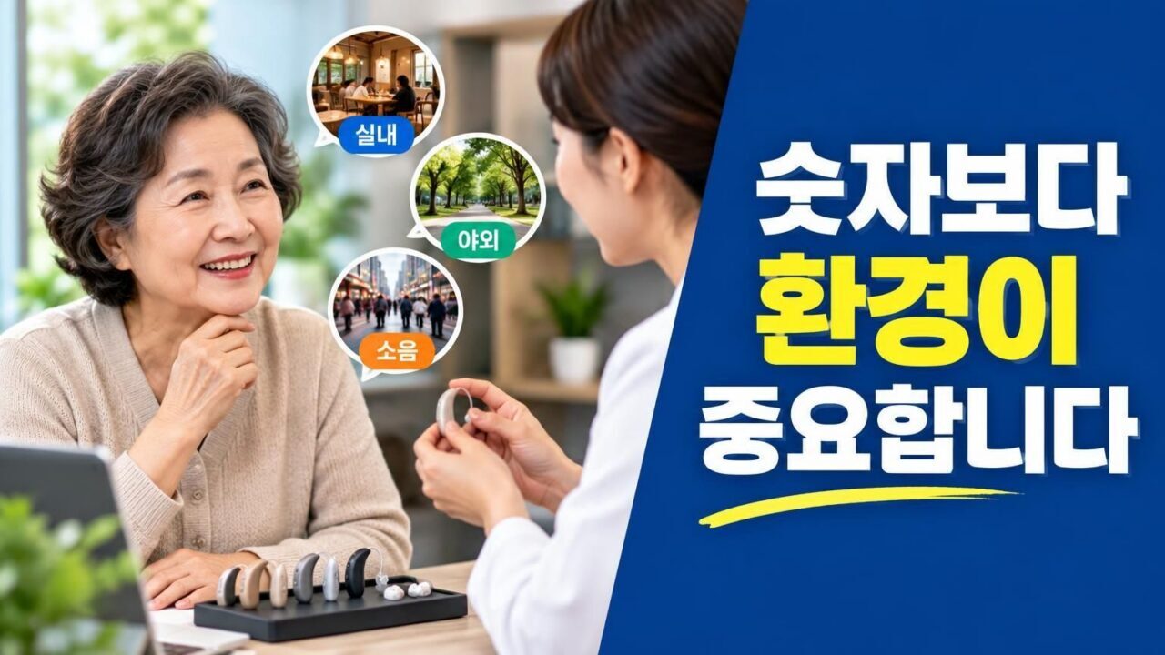 보청기 성능비교표와 청취 환경을 살펴보는 사람