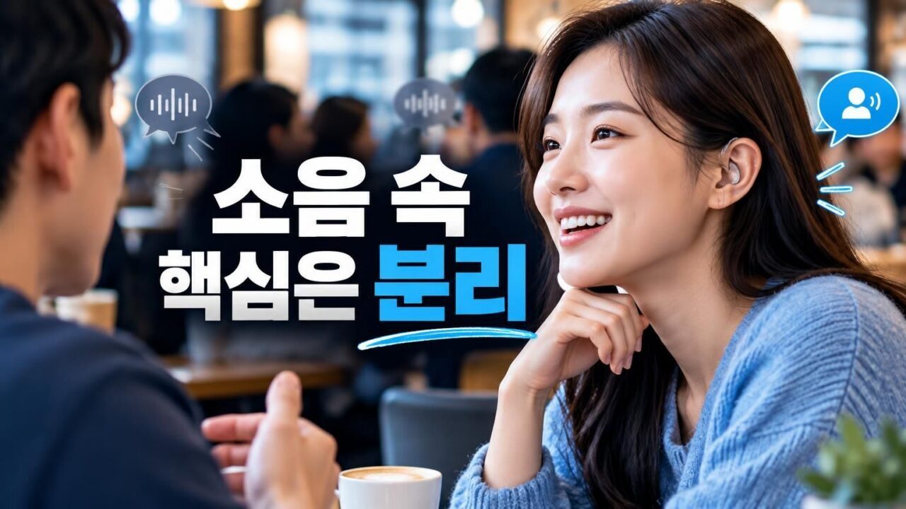 소음이 있는 카페에서 보청기를 착용하고 대화하는 모습