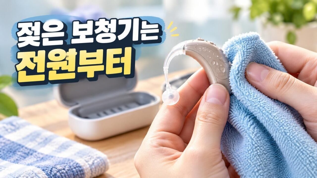 물에 젖은 보청기를 마른 수건으로 관리하는 모습