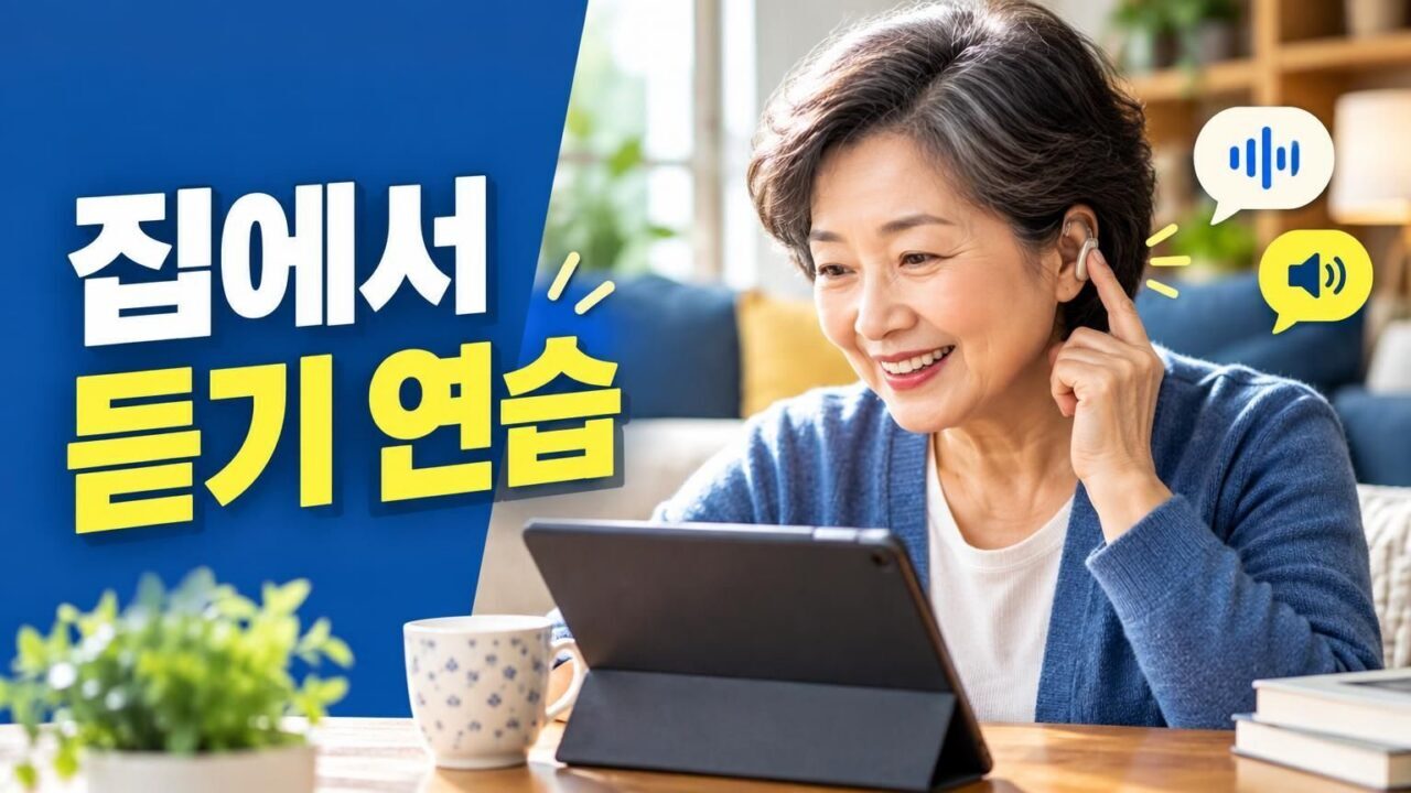 집에서 보청기를 착용하고 듣기 연습을 하는 모습