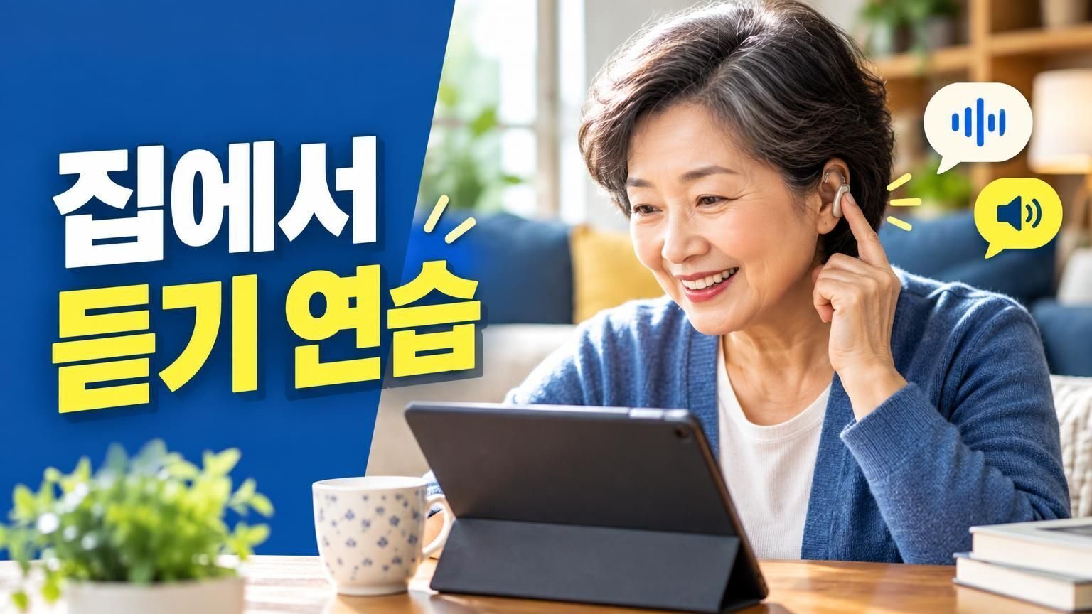 집에서 보청기를 착용하고 듣기 연습을 하는 모습