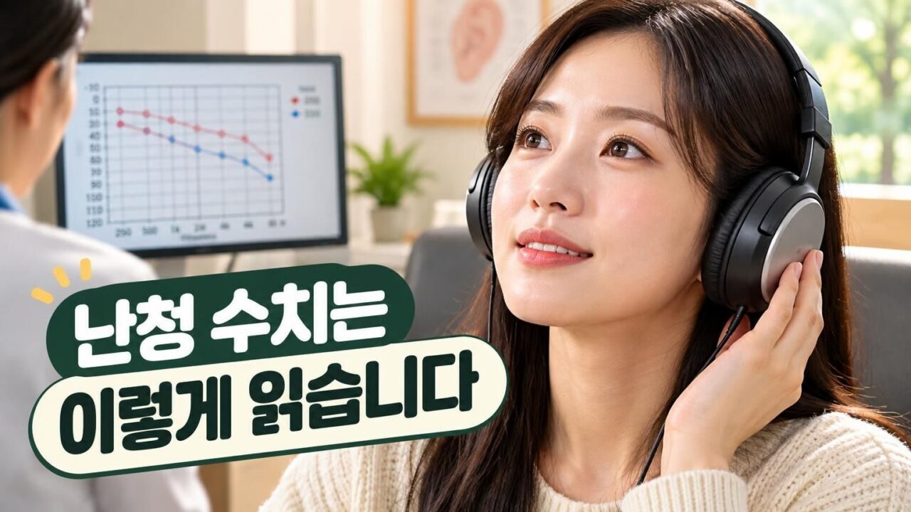청력검사 결과표와 청력검사 장비를 확인하는 모습