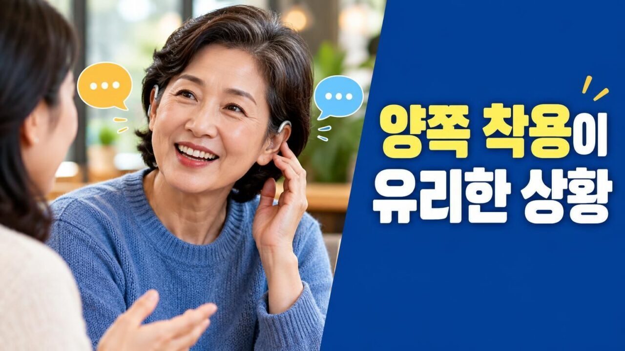 양쪽 귀에 보청기를 착용하고 대화하는 중년 여성