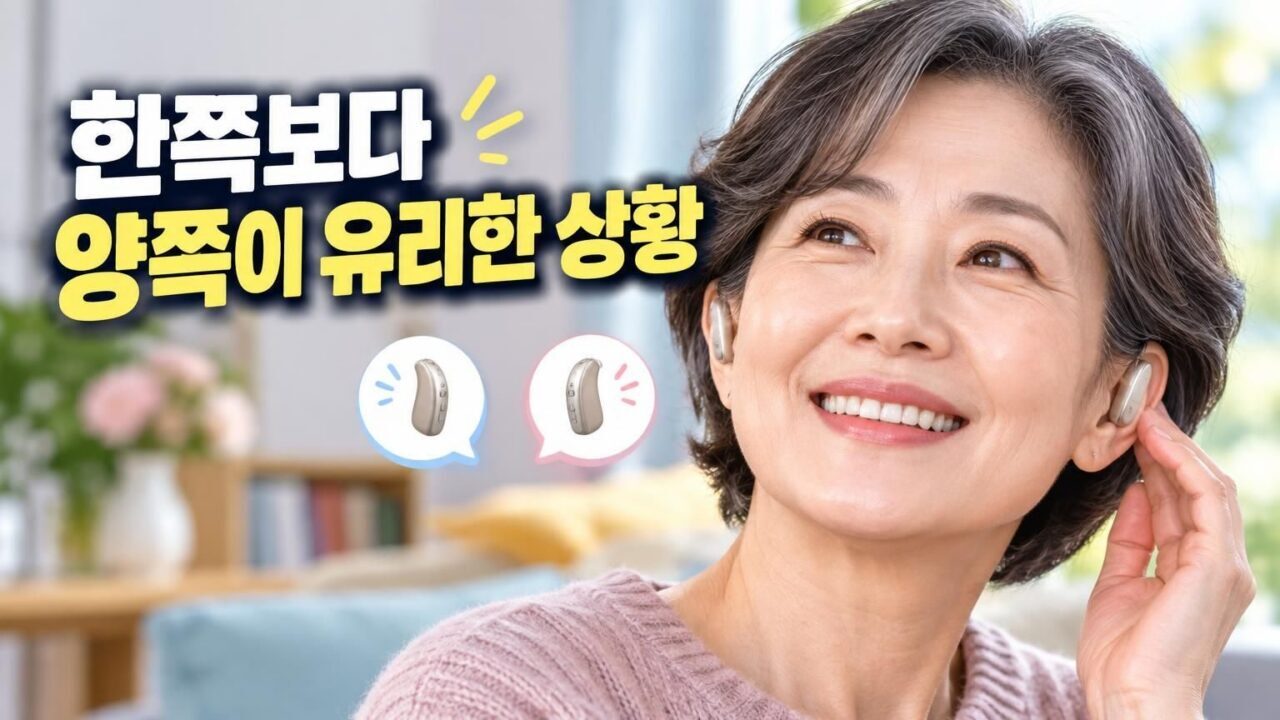한쪽과 양쪽 보청기 착용을 비교하는 모습