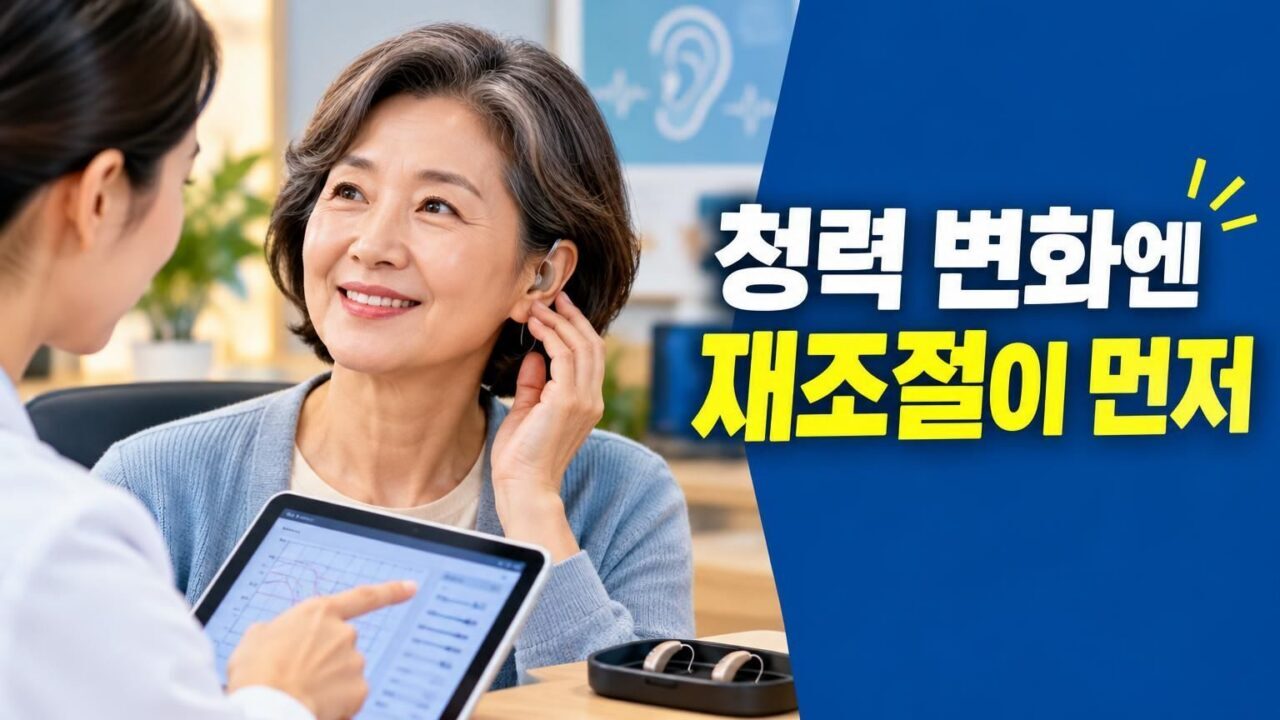 청력검사 결과를 확인하며 보청기 조절 상담을 받는 모습