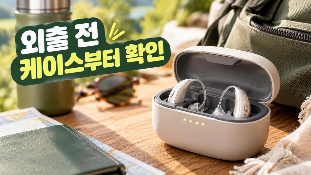 외출 준비 중 보청기 충전 케이스를 확인하는 모습