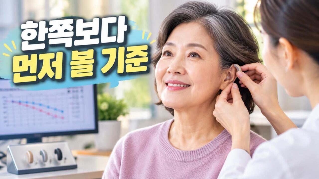 양쪽 귀에 보청기를 착용하고 상담받는 모습