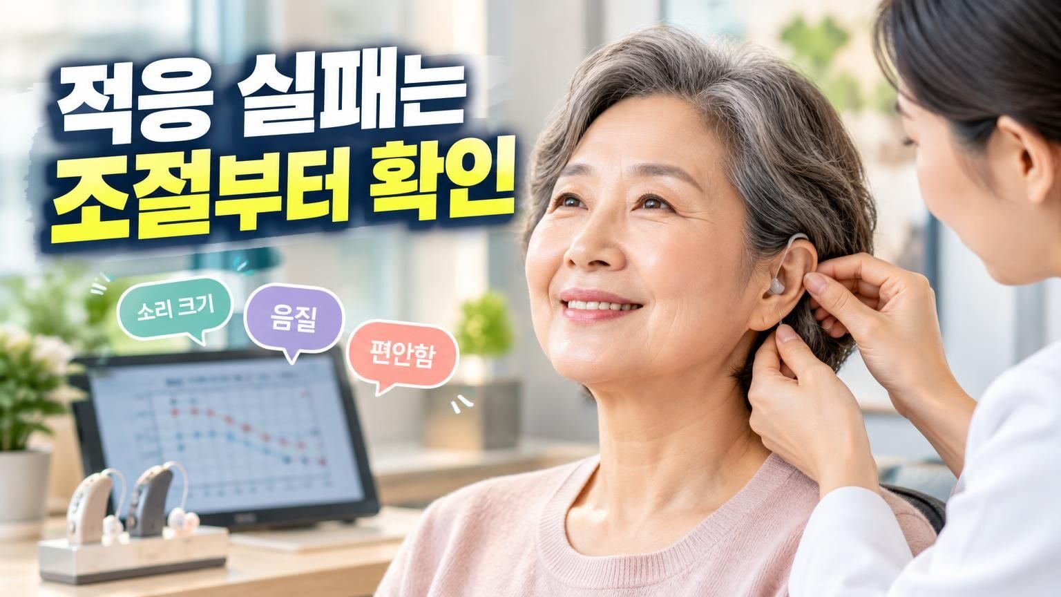 보청기를 착용하고 청력 상담을 받는 모습