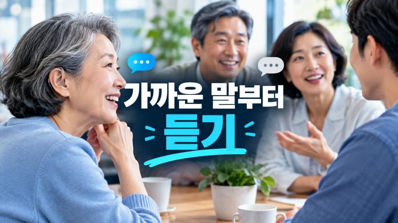 여러 사람이 대화하는 공간에서 보청기 착용자가 대화에 참여하는 모습