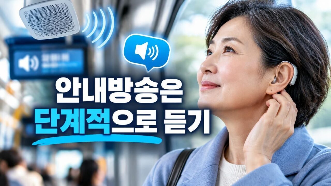 공공장소에서 안내방송을 듣는 보청기 사용자