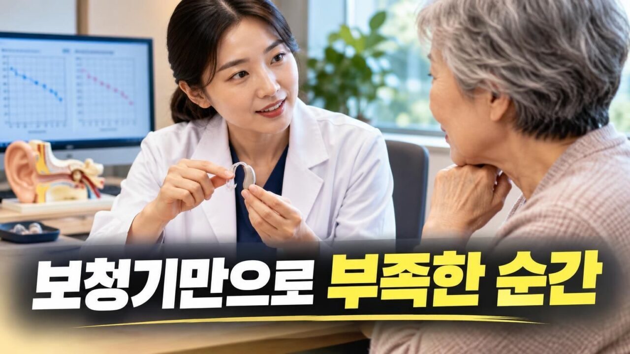보청기를 착용하고 청각재활 상담을 받는 모습