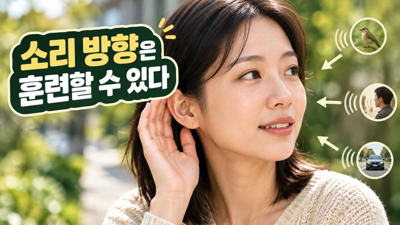 보청기를 착용한 사람이 여러 방향의 소리를 듣는 청각재활 연습