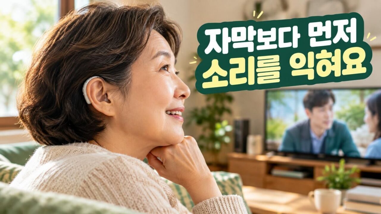 보청기를 착용하고 TV 대사를 듣는 사람