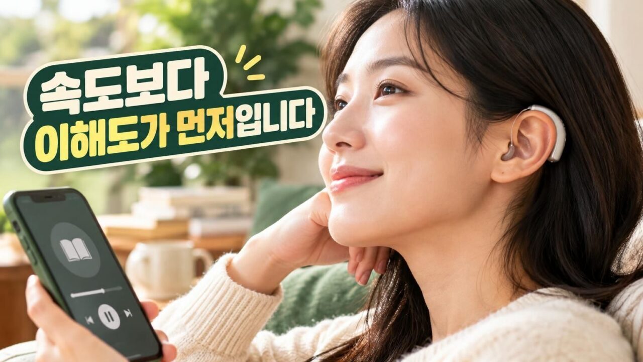 보청기를 착용하고 오디오북을 듣는 사람